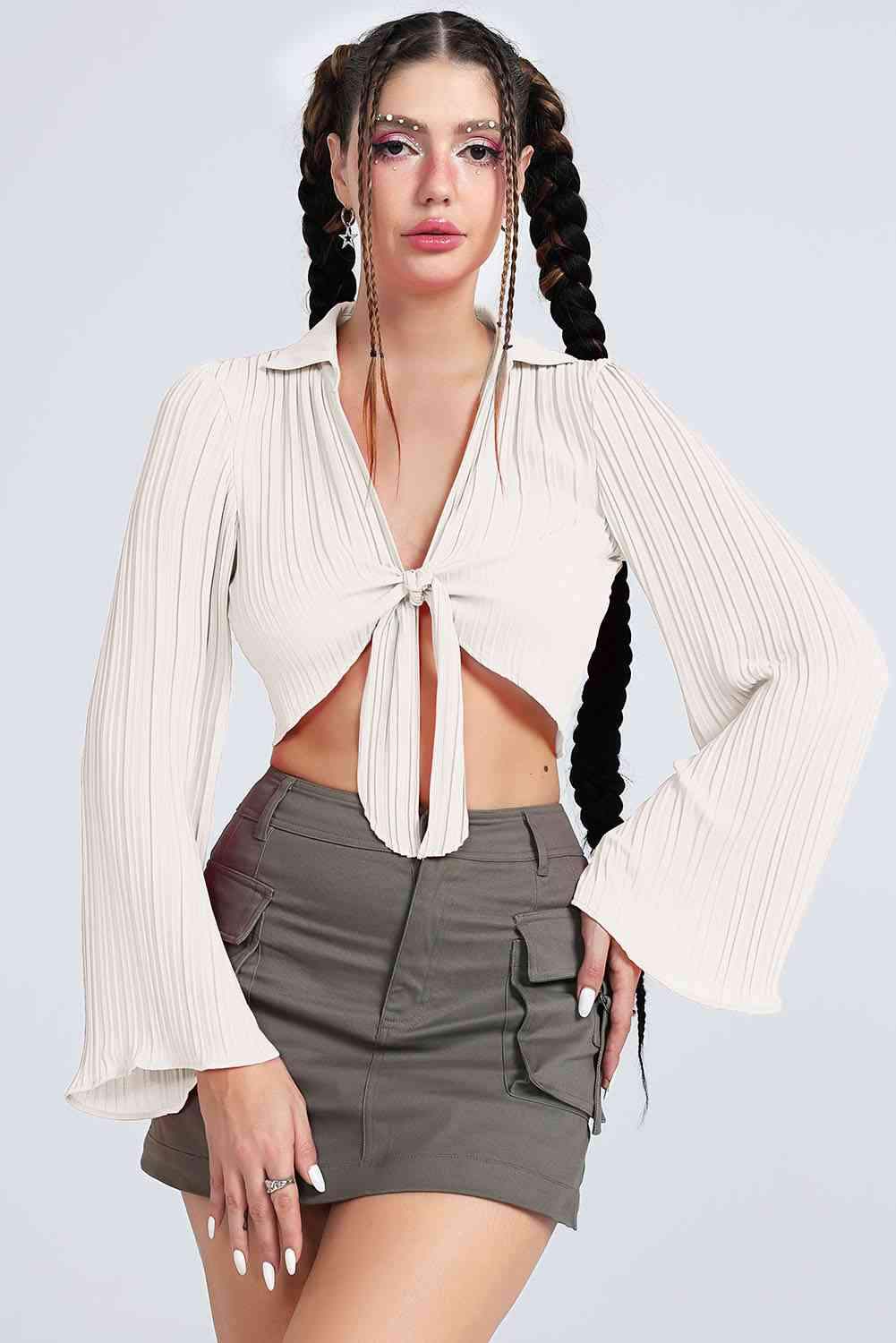 Tie Front Johnny Collar Flare Sleeve Cropped Top Blouses - Tophatter Daily Deals