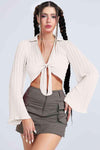 Tie Front Johnny Collar Flare Sleeve Cropped Top Blouses - Tophatter Daily Deals