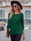 Ruffled Round Neck Long Sleeve Top Green Blouses - Tophatter Daily Deals