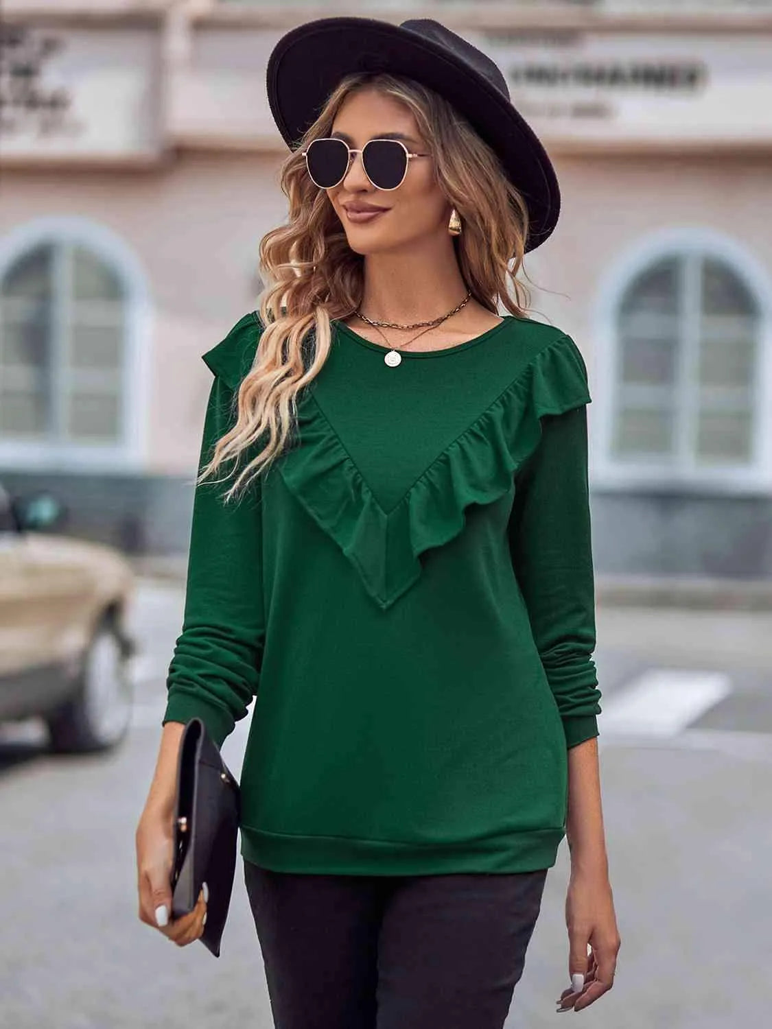 Ruffled Round Neck Long Sleeve Top Green Blouses - Tophatter Daily Deals