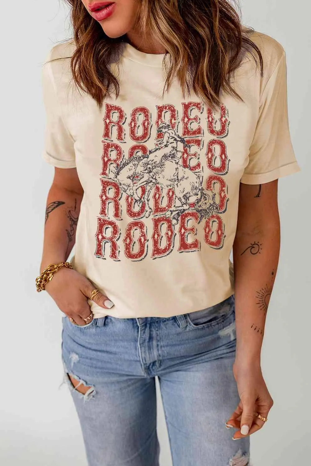 Letter Graphic Cuffed Tee Shirt Light Apricot Women's T-Shirts - Tophatter Daily Deals