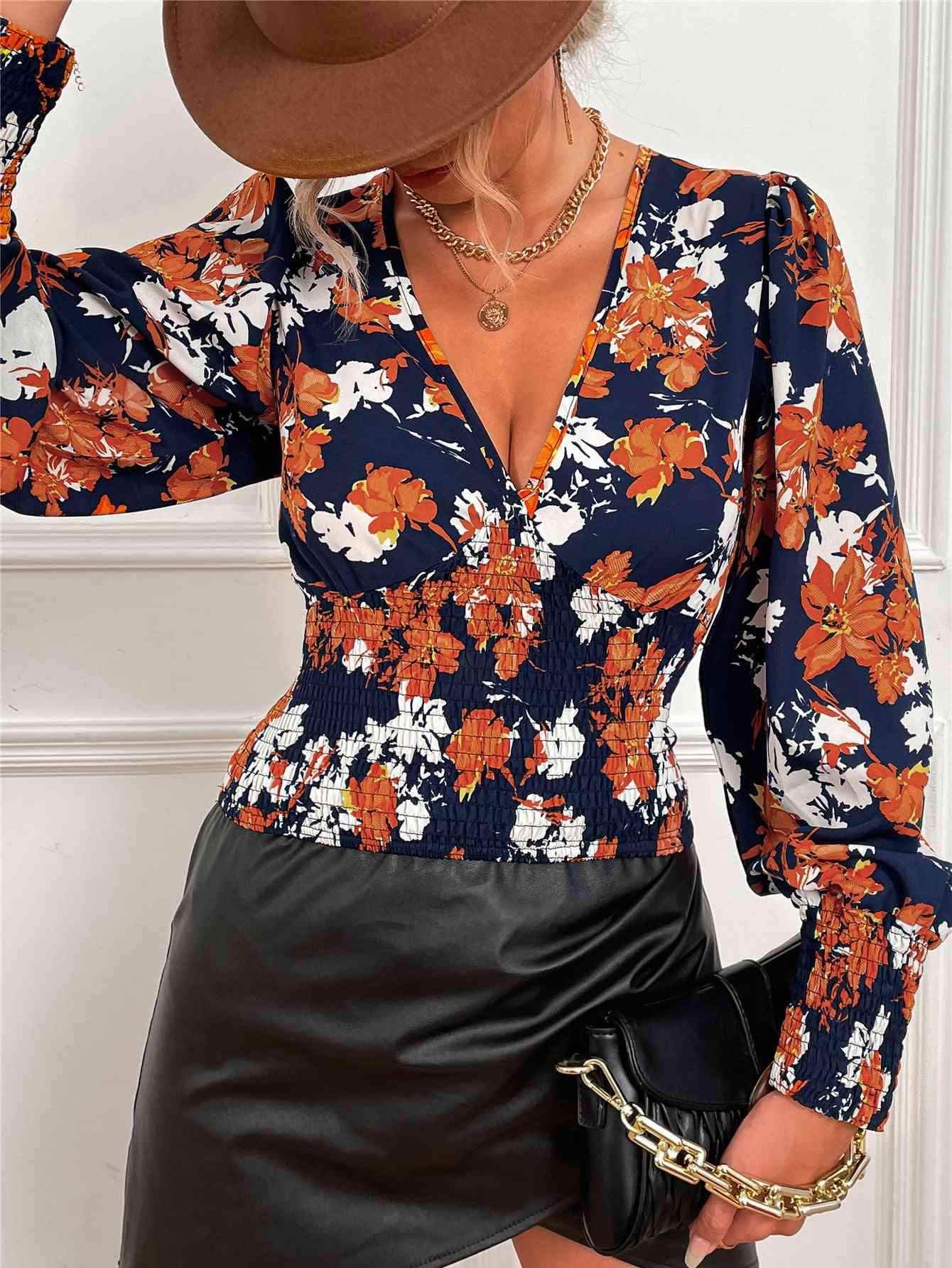 Smocked Floral Print V-Neck Lantern Sleeve Blouse Blouses - Tophatter Daily Deals