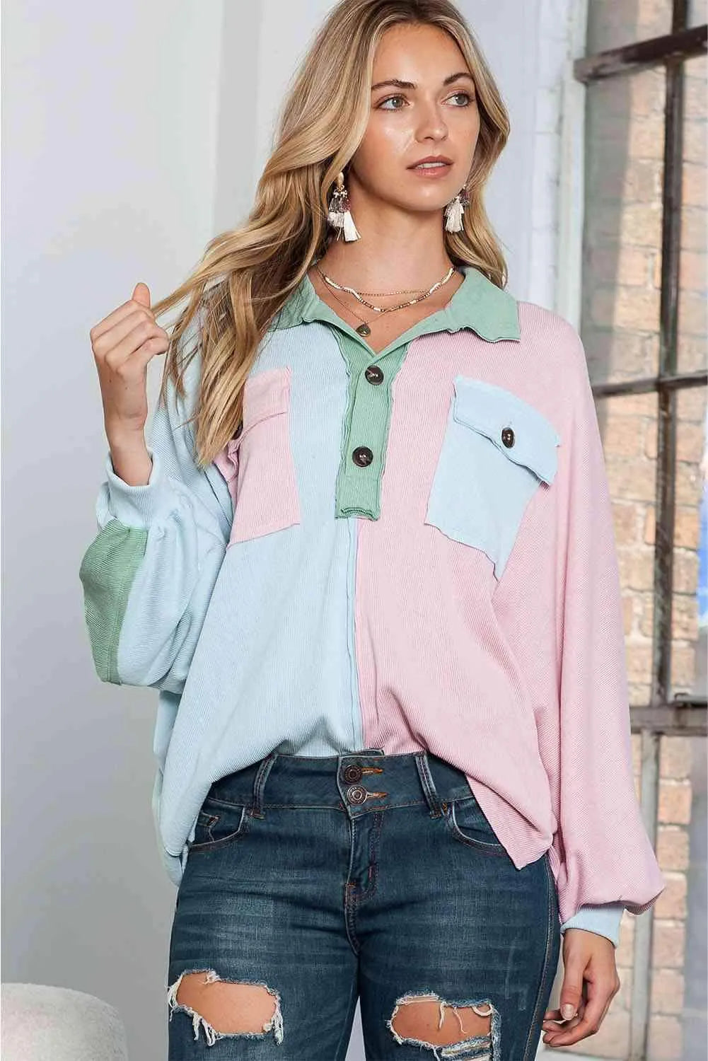 Multicolor Exposed Seam Colorblock Ribbed Henley Top Blouses - Tophatter Daily Deals