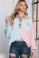 Multicolor Exposed Seam Colorblock Ribbed Henley Top Blouses - Tophatter Daily Deals