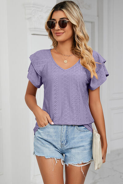 Eyelet V-Neck Short Sleeve T-Shirt Women's T-Shirts - Tophatter Daily Deals