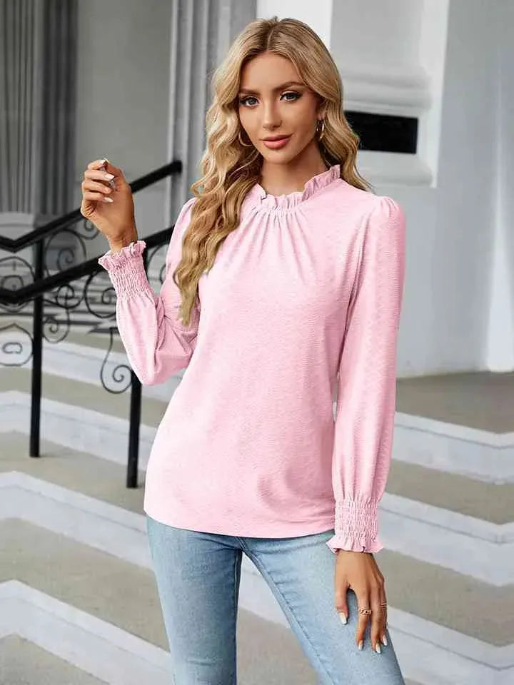 Round Neck Flounce Sleeve Blouse Women's T-Shirts - Tophatter Daily Deals