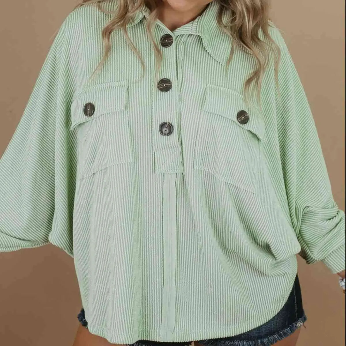 Plus Size Collared Neck Half Button Top Light Green Blouses - Tophatter Daily Deals