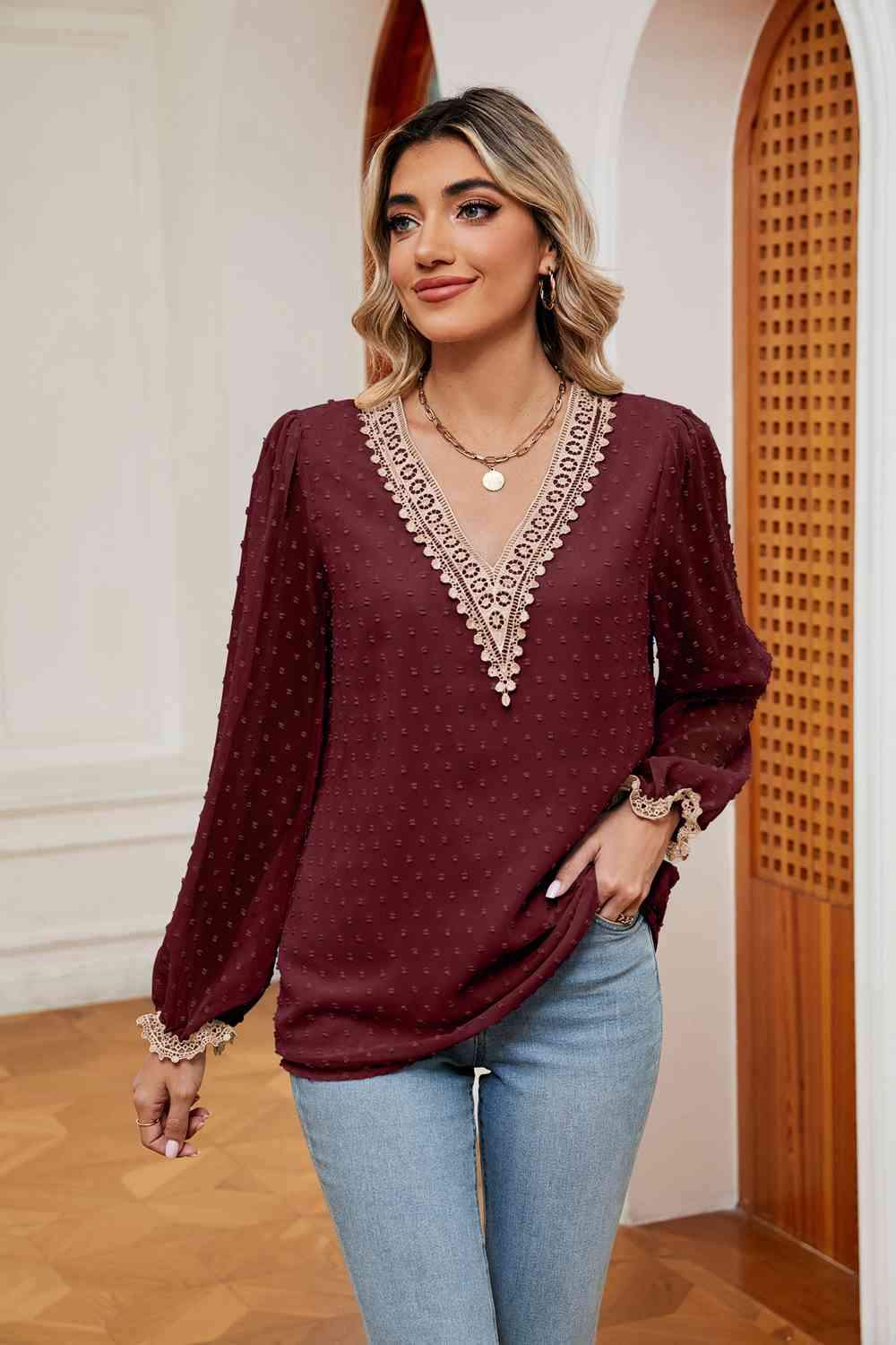 Swiss Dot Contrast V-Neck Blouse Wine Blouses - Tophatter Daily Deals