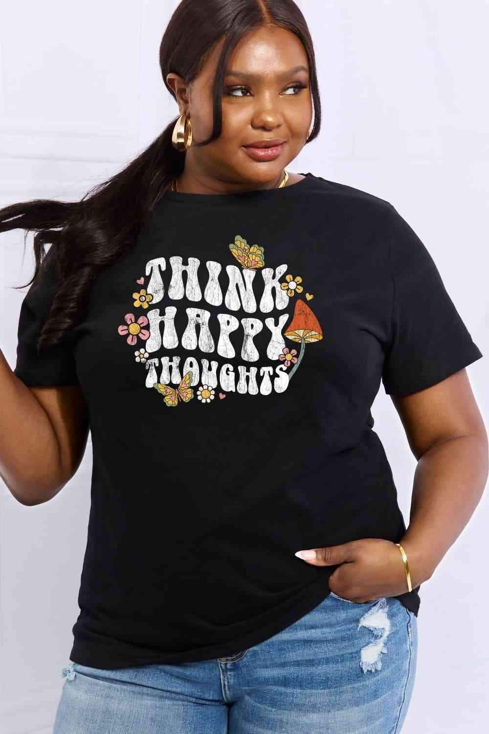 Simply Love Full Size THINK HAPPY THOUGHTS Graphic Cotton Tee Women's T-Shirts - Tophatter Daily Deals