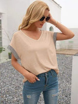 Striped V-Neck Short Sleeve T-Shirt Women's T-Shirts - Tophatter Daily Deals
