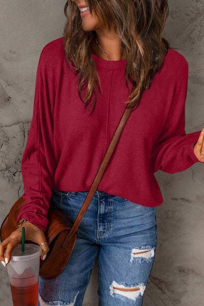 Double Take Full Size Round Neck Long Sleeve T-Shirt Deep Red Women's T-Shirts - Tophatter Daily Deals