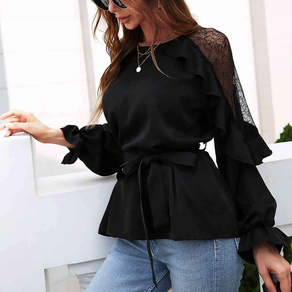 Round Neck Front Tie Flounce Sleeve Lace Cap Blouse Blouses - Tophatter Daily Deals