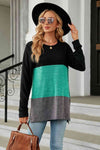 Color Block Round Neck Long Sleeve Slit T-Shirt Teal Women's T-Shirts - Tophatter Daily Deals