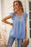 Swiss Dot Flutter Sleeve Round Neck Top Sky Blue Blouses - Tophatter Daily Deals