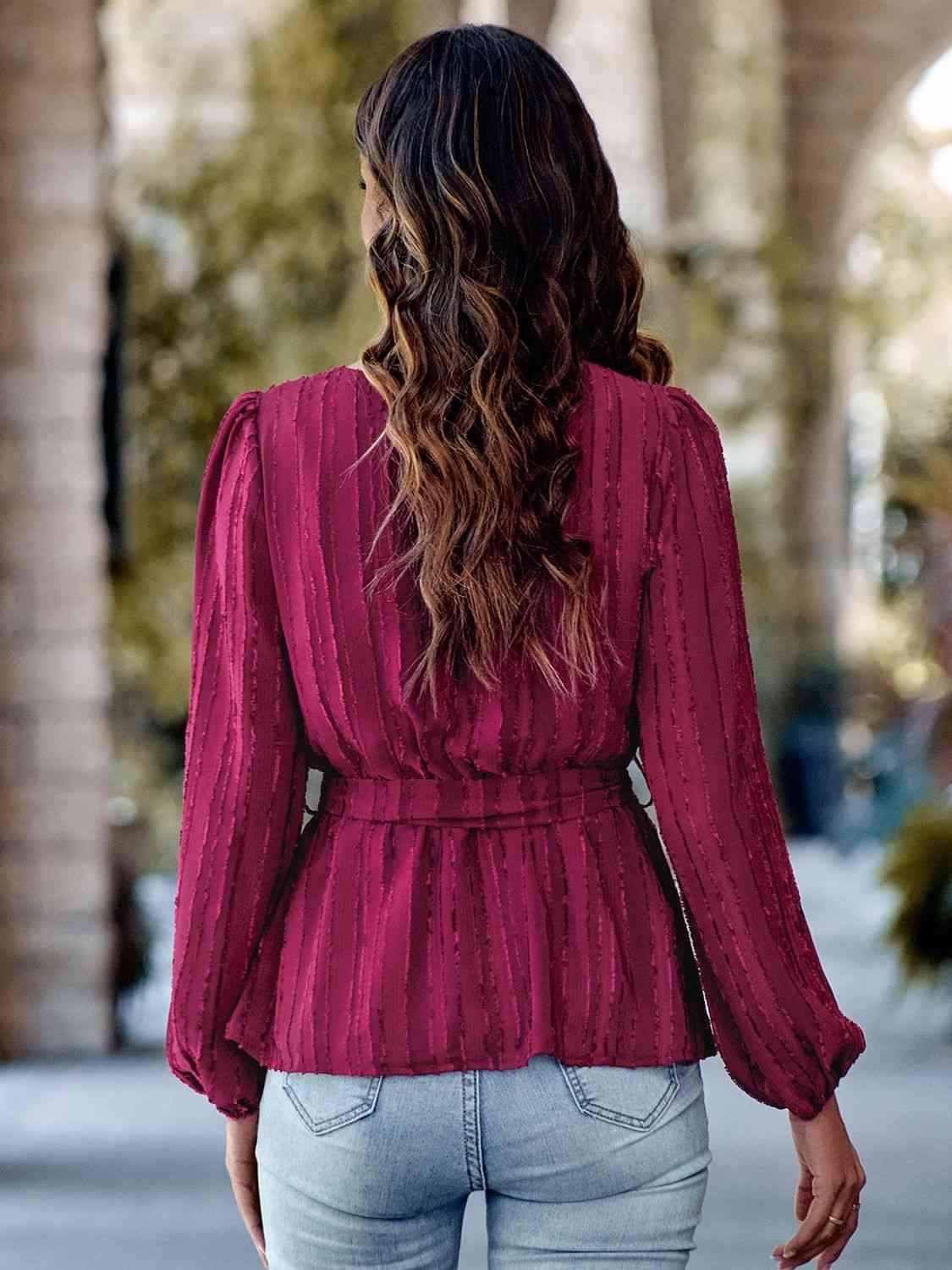 V-Neck Tie Waist Long Sleeve Blouse Blouses - Tophatter Daily Deals