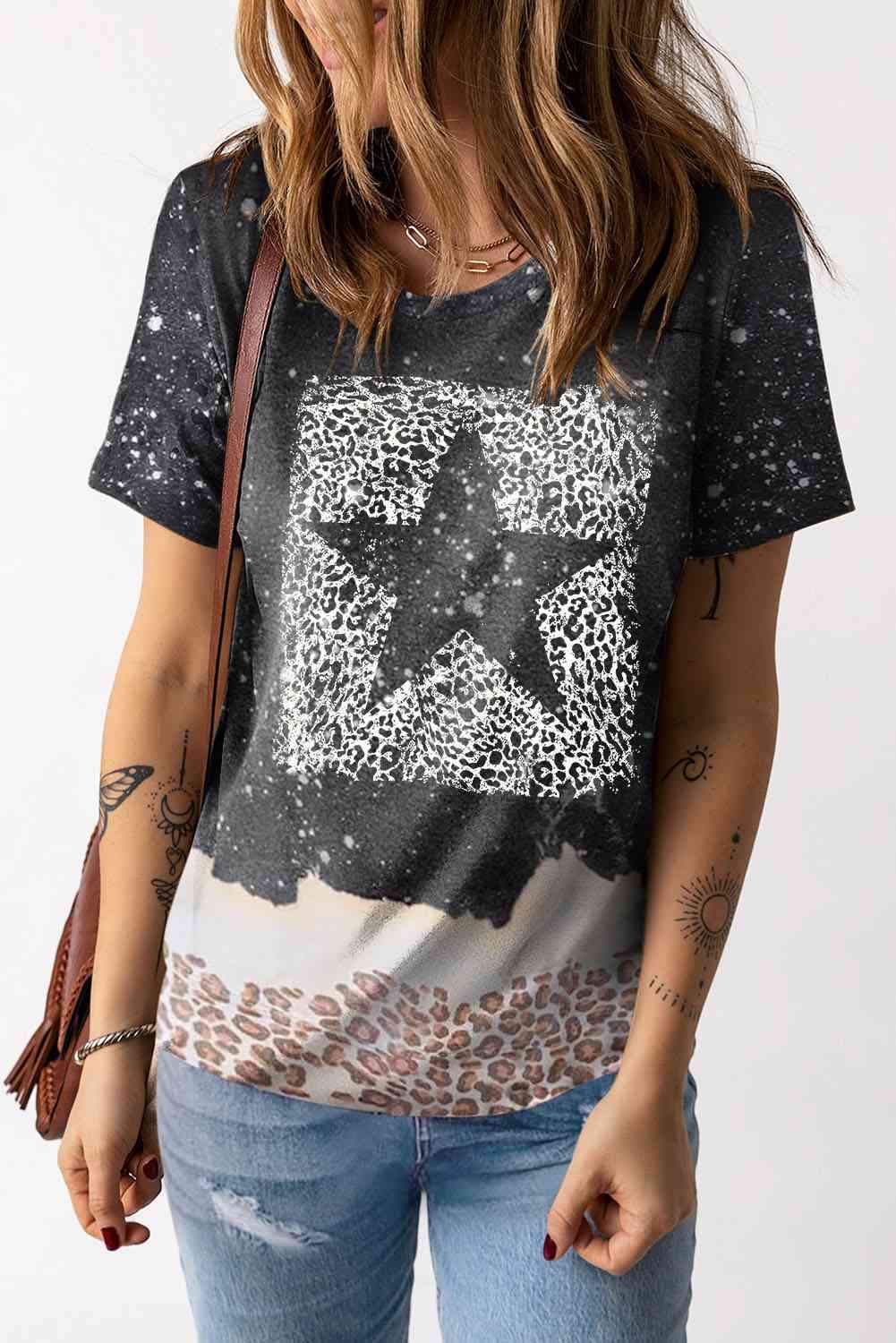 Mixed Print Round Neck Short Sleeve T-Shirt Dark Gray Women's T-Shirts - Tophatter Daily Deals