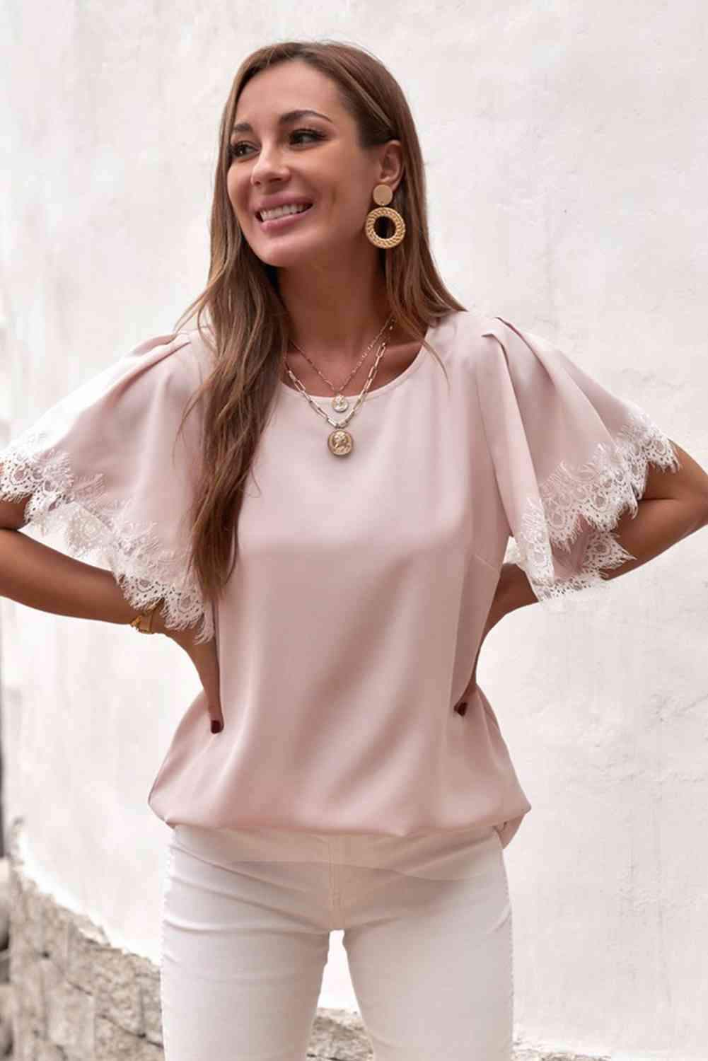 Lace Trim Flutter Sleeve Blouse Blouses - Tophatter Daily Deals