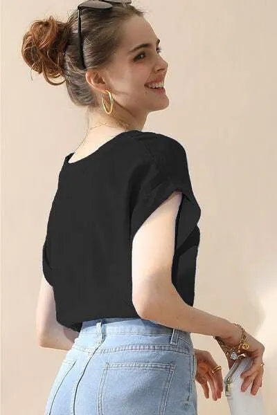 Ninexis V-Neck Trim Rolled Short Sleeve Shirt Blouses - Tophatter Daily Deals