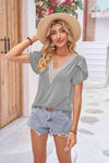 Contrast V-Neck Petal Sleeve Top Blouses - Tophatter Daily Deals