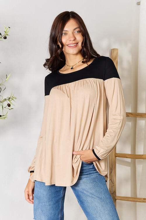 BOMBOM Contrast Long Sleeve Ruched Blouse AS-SHOWN Blouses - Tophatter Daily Deals