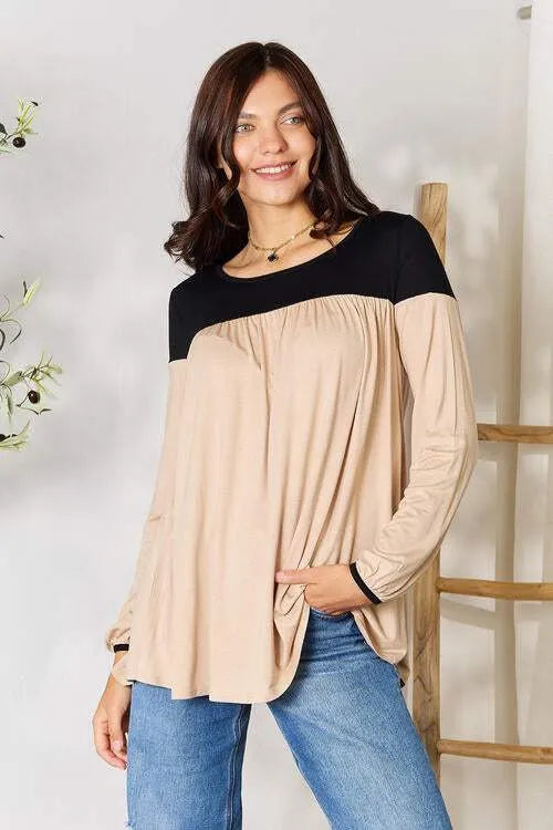 BOMBOM Contrast Long Sleeve Ruched Blouse AS-SHOWN Blouses - Tophatter Daily Deals