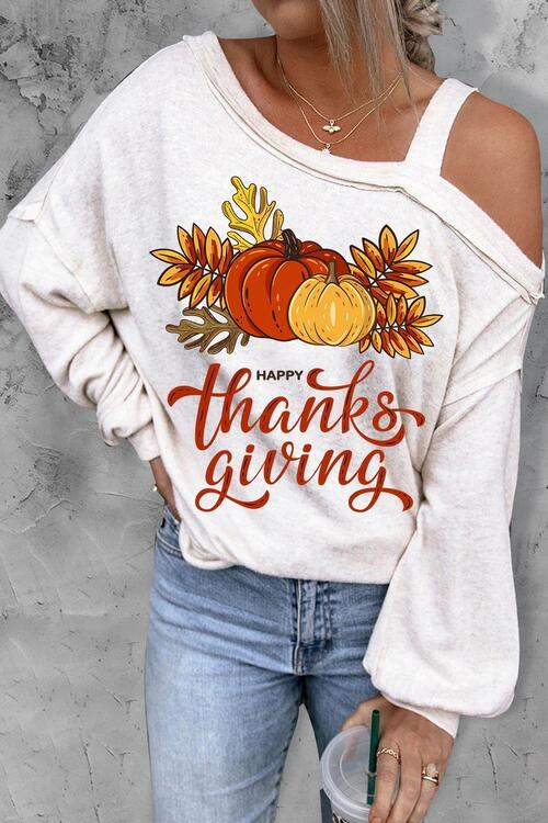 THANKSGIVING Asymmetrical Neck Long Sleeve Top White Women's T-Shirts - Tophatter Daily Deals