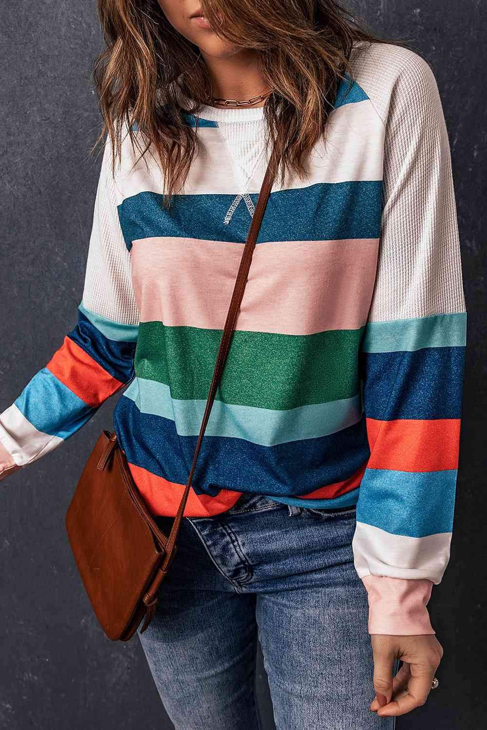 Striped Raglan Sleeve Round Neck Tee Women's T-Shirts - Tophatter Daily Deals