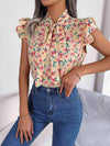 Floral Tie Neck Flutter Sleeve Blouse Blouses - Tophatter Daily Deals