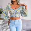 Ditsy Floral Crisscross Cropped Top Blue Yellow Blouses - Tophatter Daily Deals