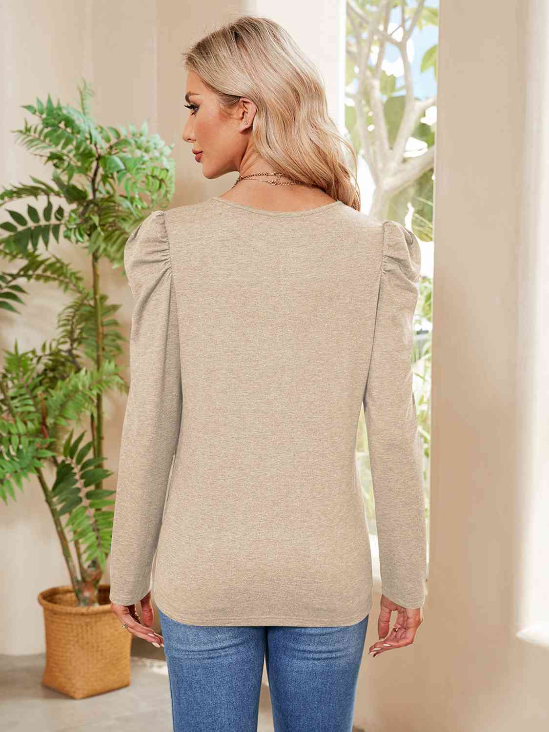 Buttoned Round Neck Puff Sleeve T-Shirt Women's T-Shirts - Tophatter Daily Deals