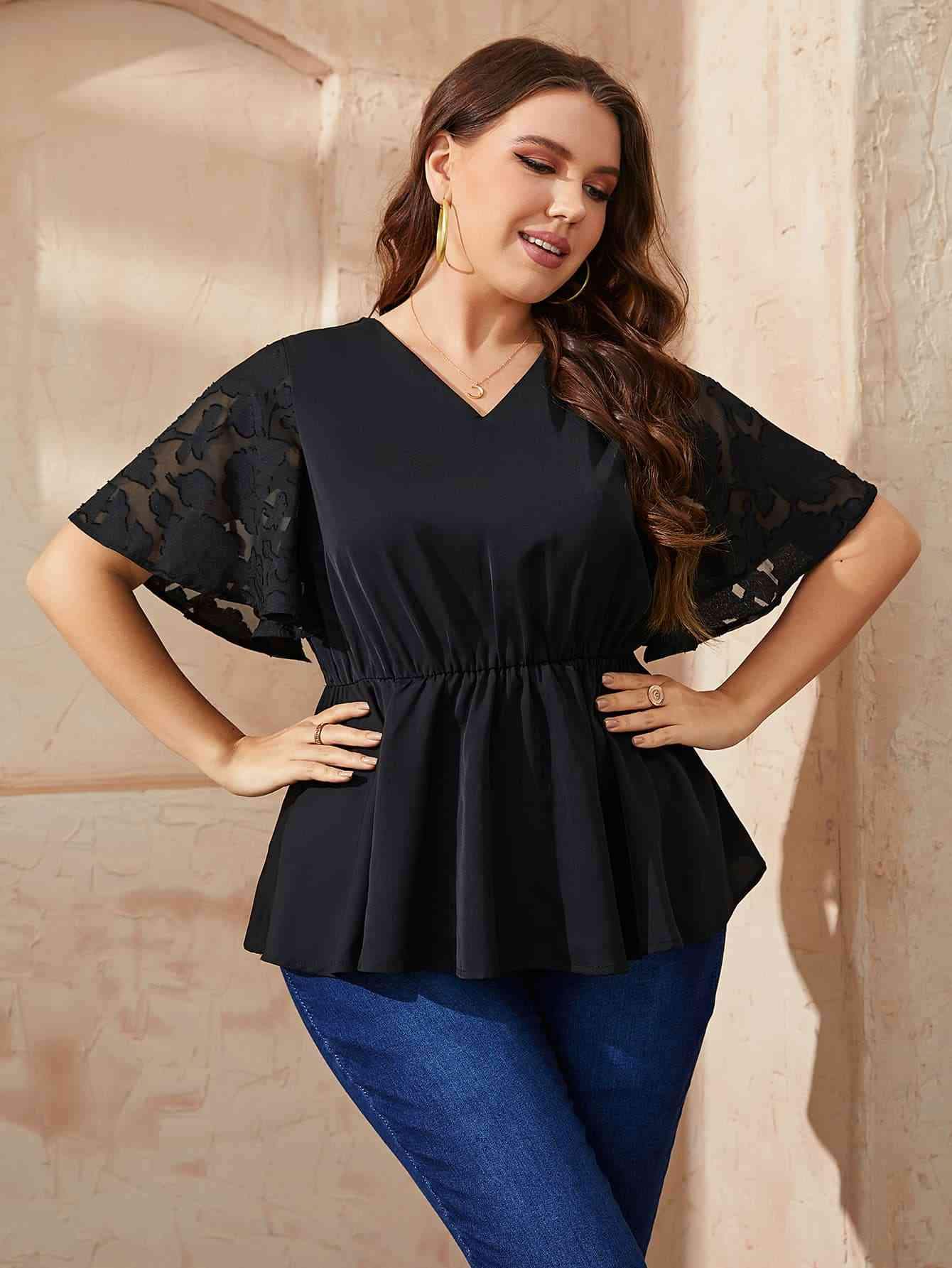 Plus Size V-Neck Flutter Sleeve Babydoll Blouse Blouses - Tophatter Daily Deals