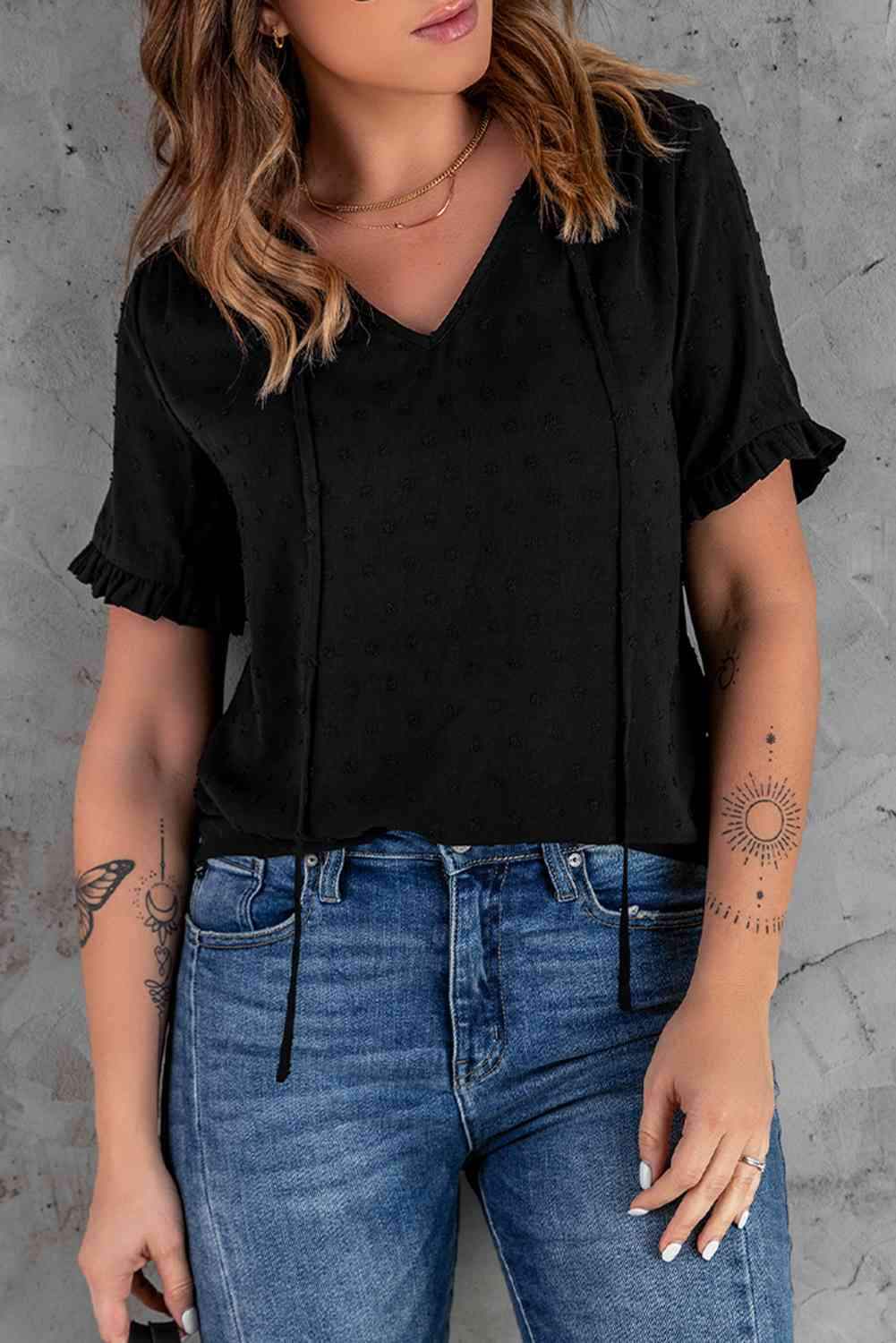 Swiss Dot Flounce Sleeve V-Neck Top Blouses - Tophatter Daily Deals