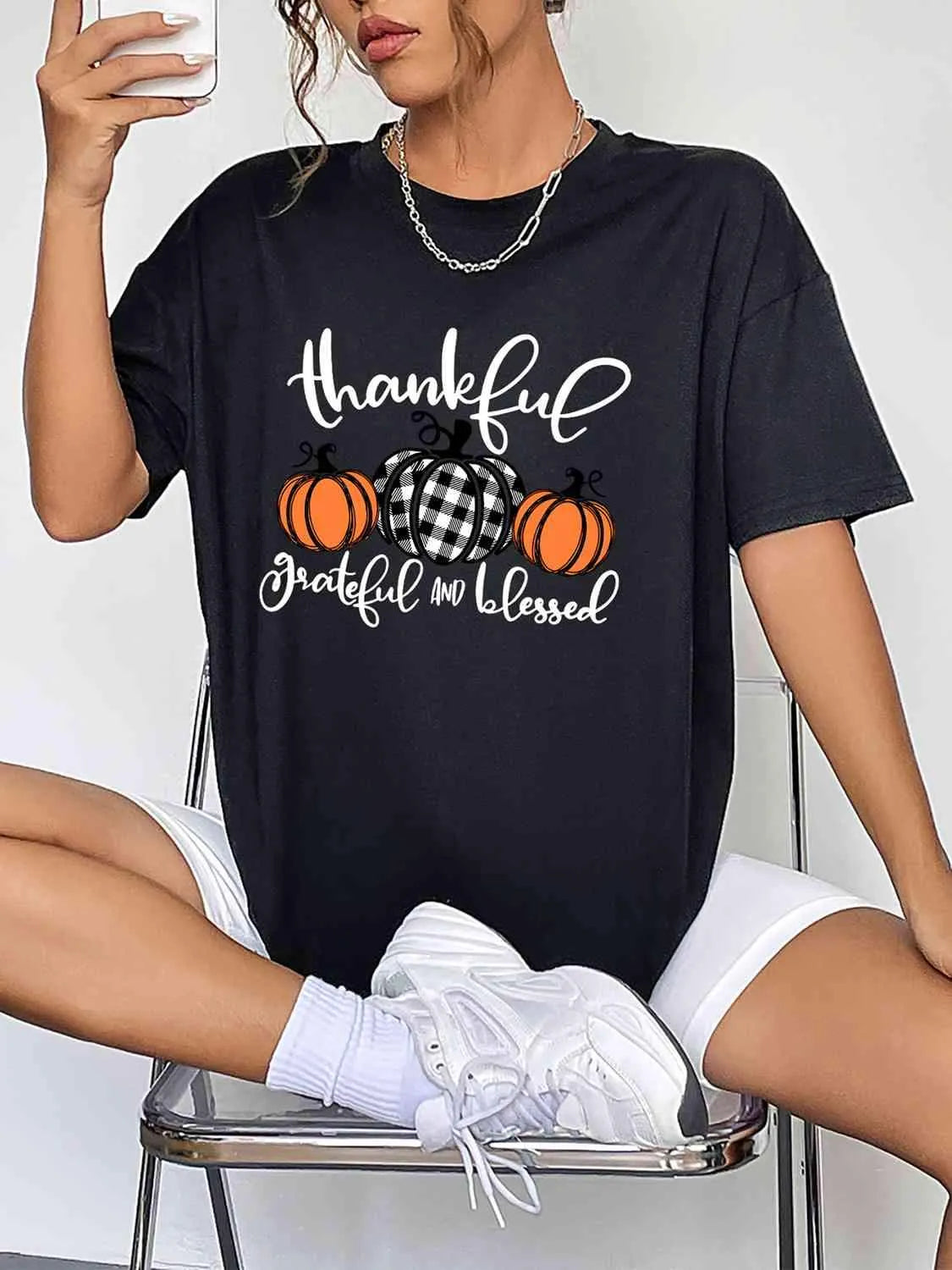 Round Neck Short Sleeve Fall Season Graphic T-Shirt Women's T-Shirts - Tophatter Daily Deals