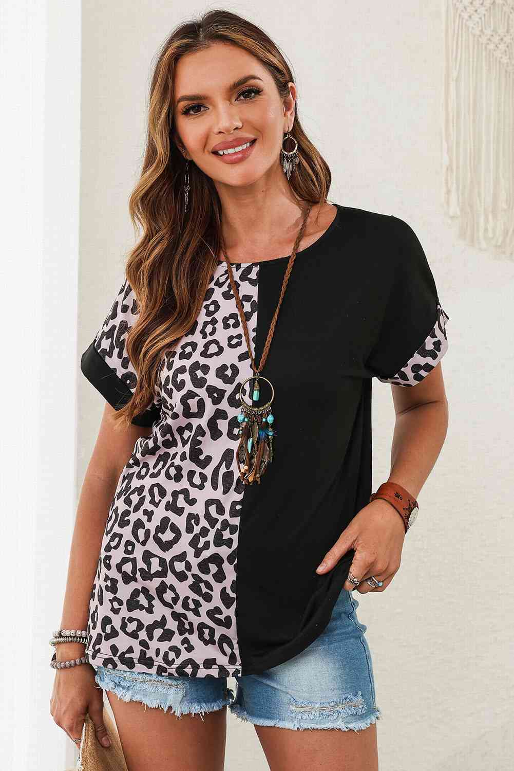 Leopard Two-Tone Round Neck Tee Black Women's T-Shirts - Tophatter Daily Deals