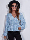 Floral V-Neck Balloon Sleeve Peplum Blouse Misty Blue Blouses - Tophatter Daily Deals