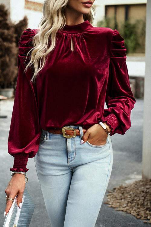 Tie Up Mock Neck Velvet Fabric Long Sleeve Blouse Blouses - Tophatter Daily Deals