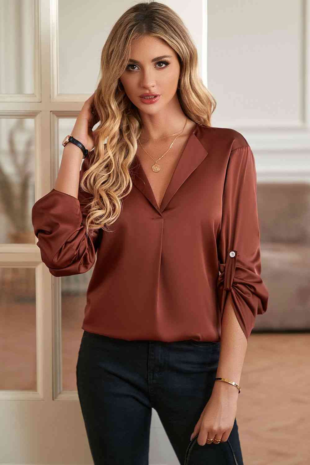 Roll-Tab Sleeve Collared Neck Blouse - Tophatter Deals
