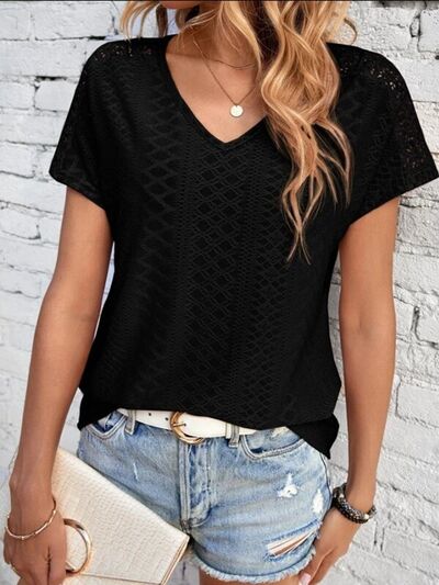 Eyelet V-Neck Short Sleeve T-Shirt Women's T-Shirts - Tophatter Daily Deals