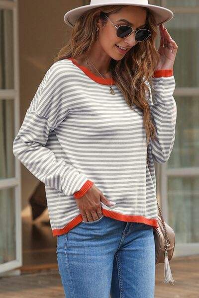 Striped Round Neck Drop Shoulder T-Shirt Blouses - Tophatter Daily Deals