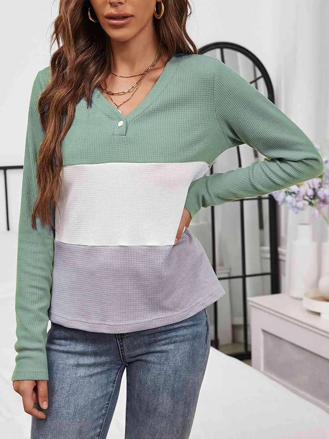 Color Block Long Sleeve Top Blouses - Tophatter Daily Deals