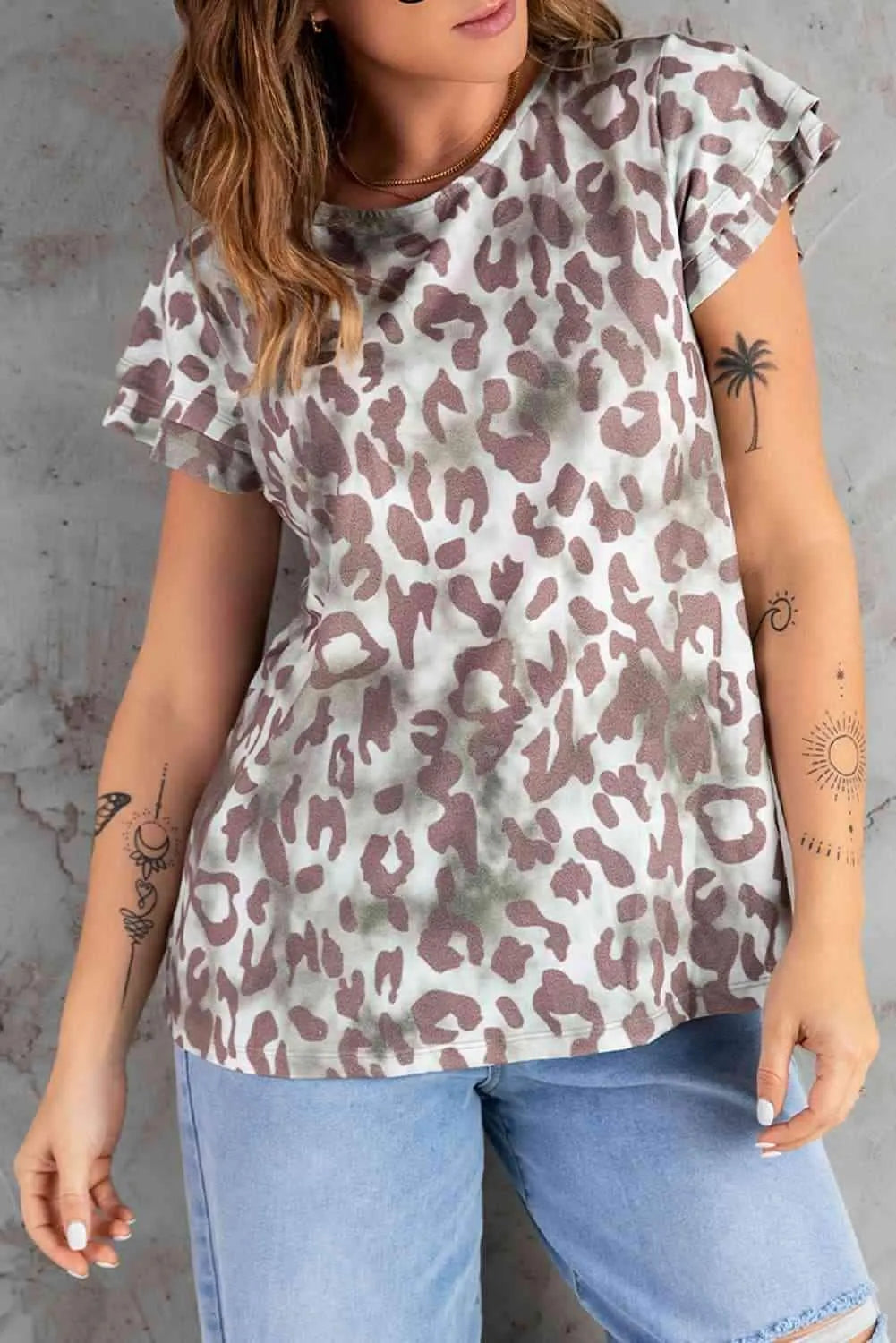 Leopard Layered Flutter Sleeve Tee Shirt Blouses - Tophatter Daily Deals
