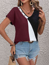 Color Block Decorative Button V-Neck Tee Women's T-Shirts - Tophatter Daily Deals