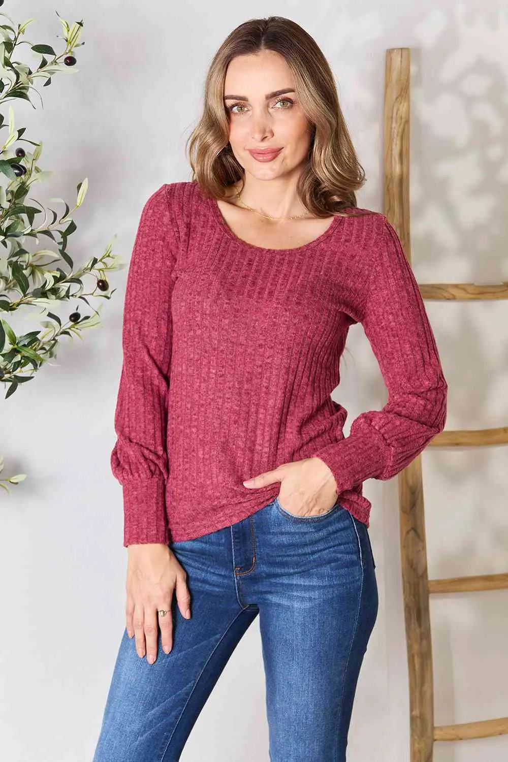 Double Take Ribbed Round Neck Lantern Sleeve Blouse Wine Blouses - Tophatter Daily Deals