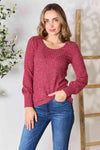 Double Take Ribbed Round Neck Lantern Sleeve Blouse Wine Blouses - Tophatter Daily Deals