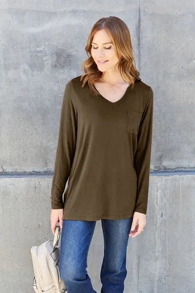 Basic Bae Full Size V-Neck Long Sleeve Top Blouses - Tophatter Daily Deals