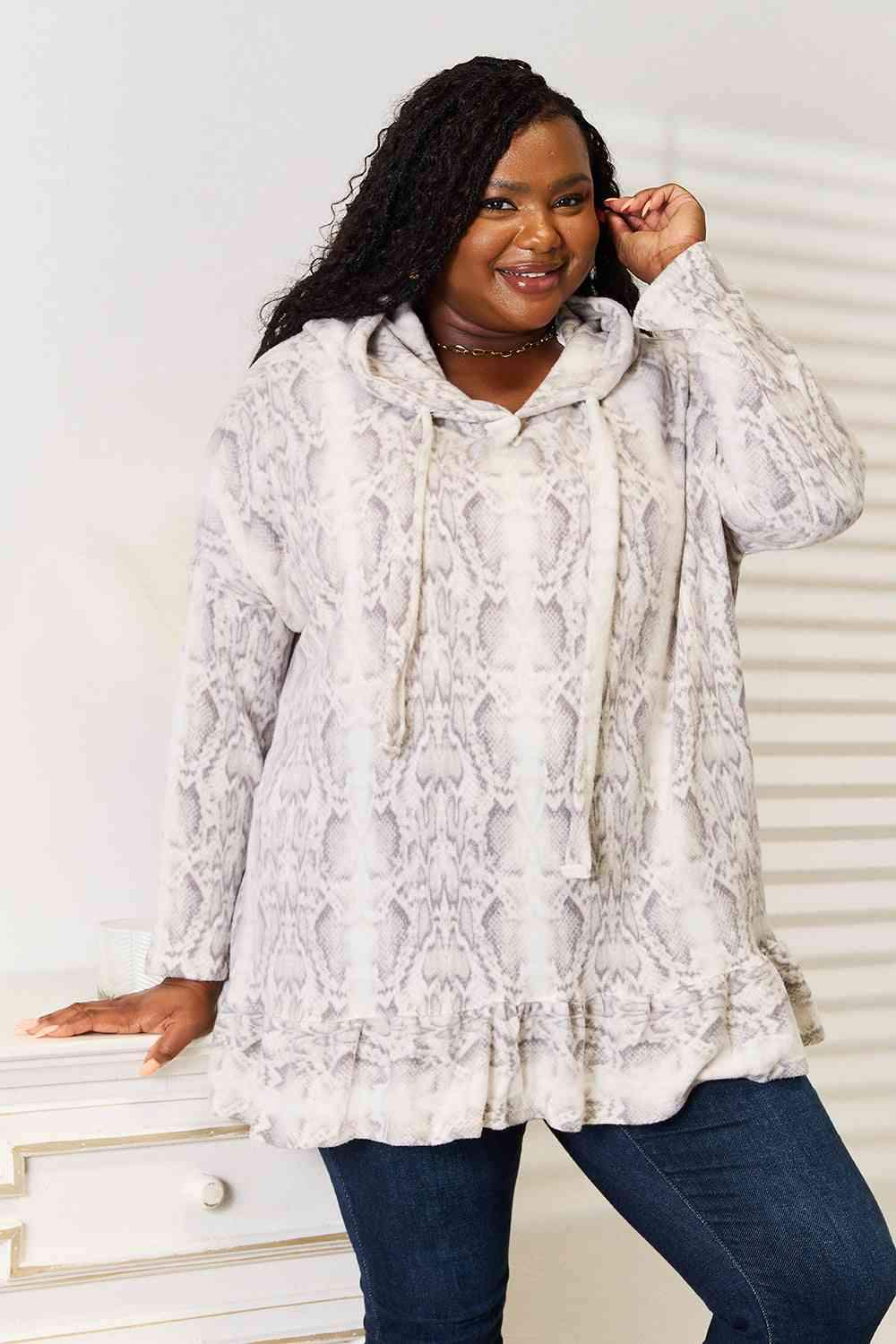Jade By Jane Full Size Snakeskin Print Ruffle Hem Hoodie Blouses - Tophatter Daily Deals
