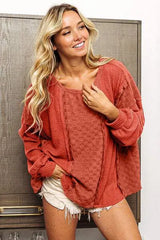 BiBi Checkered Spliced Long Sleeve Top Blouses - Tophatter Daily Deals