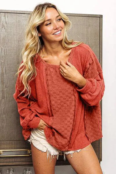 BiBi Checkered Spliced Long Sleeve Top Blouses - Tophatter Daily Deals