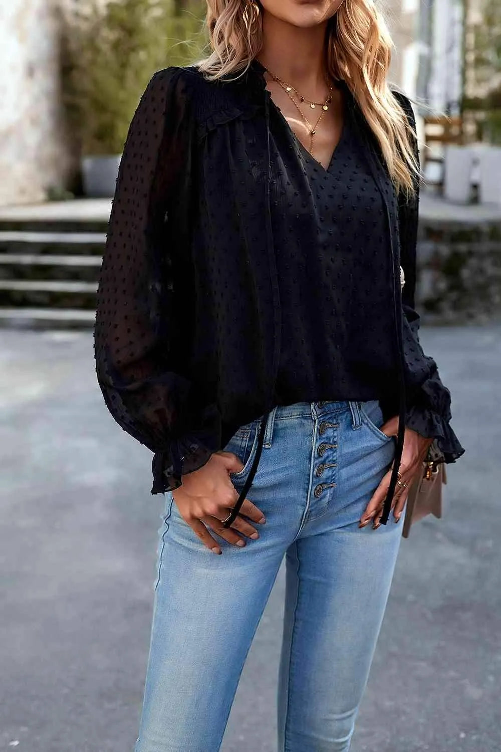 Swiss Dot Smocked Shoulder Blouse Black Blouses - Tophatter Daily Deals