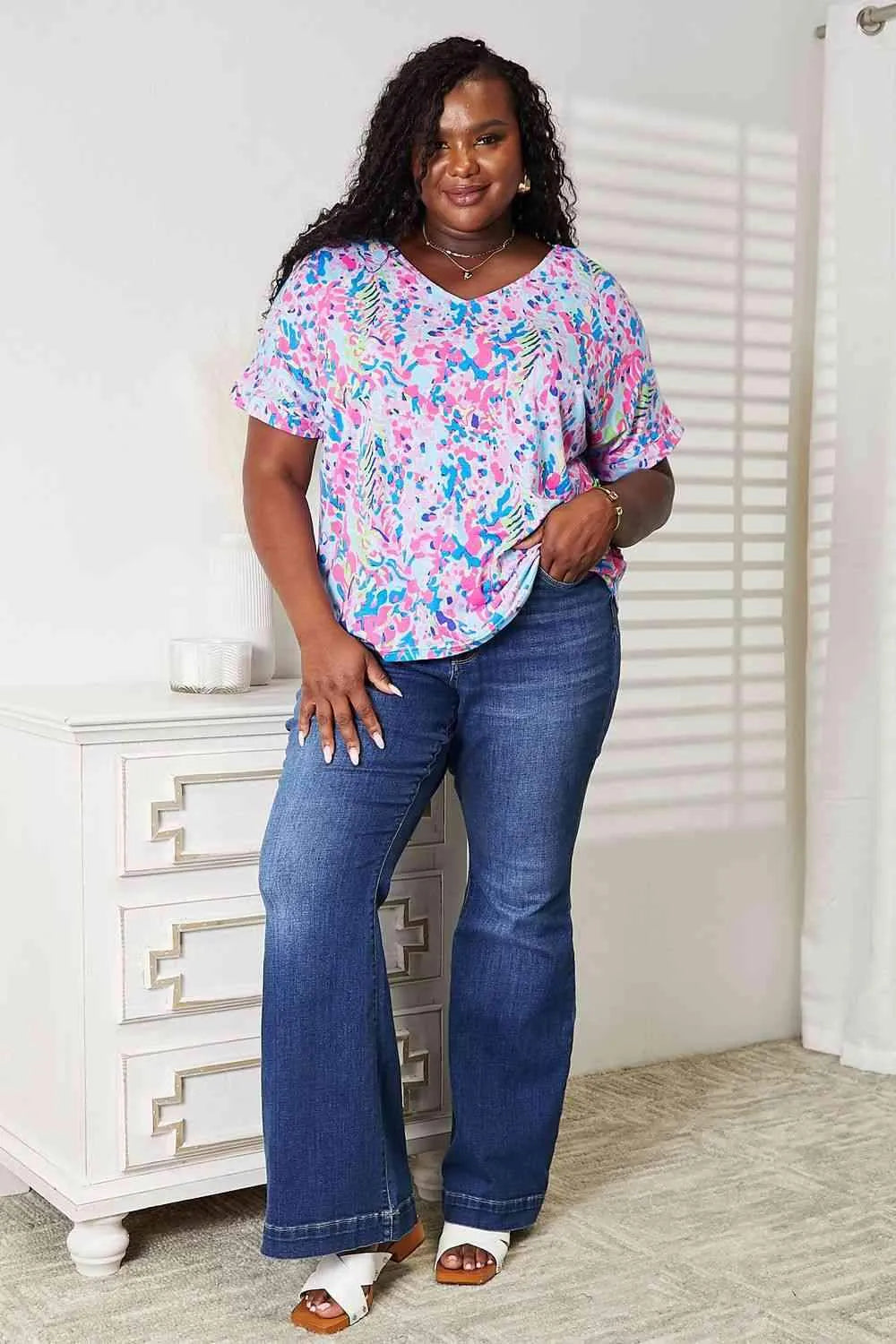 Double Take Printed V-Neck T-Shirt Women's T-Shirts - Tophatter Daily Deals